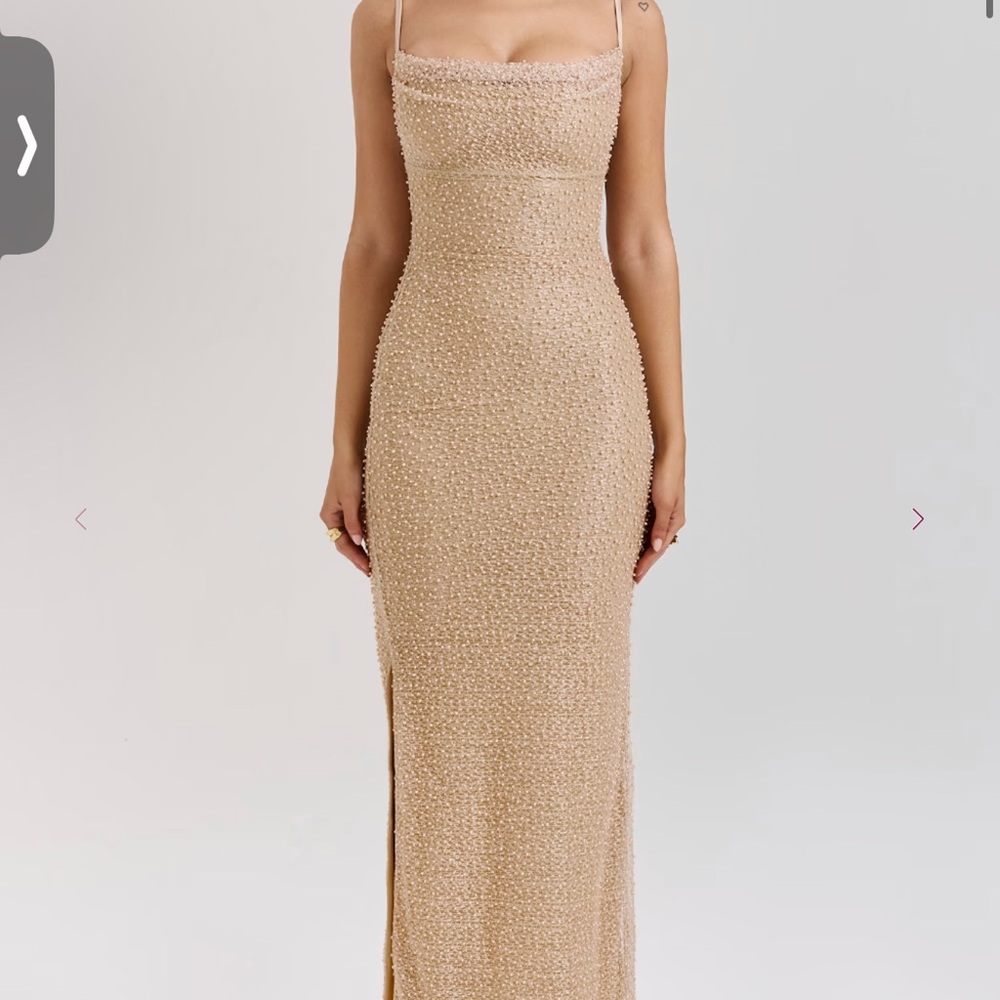 HOUSE OF CB CALLA GOLD BEADED PEARL MAXI DRESS SIZE XS REG CUP